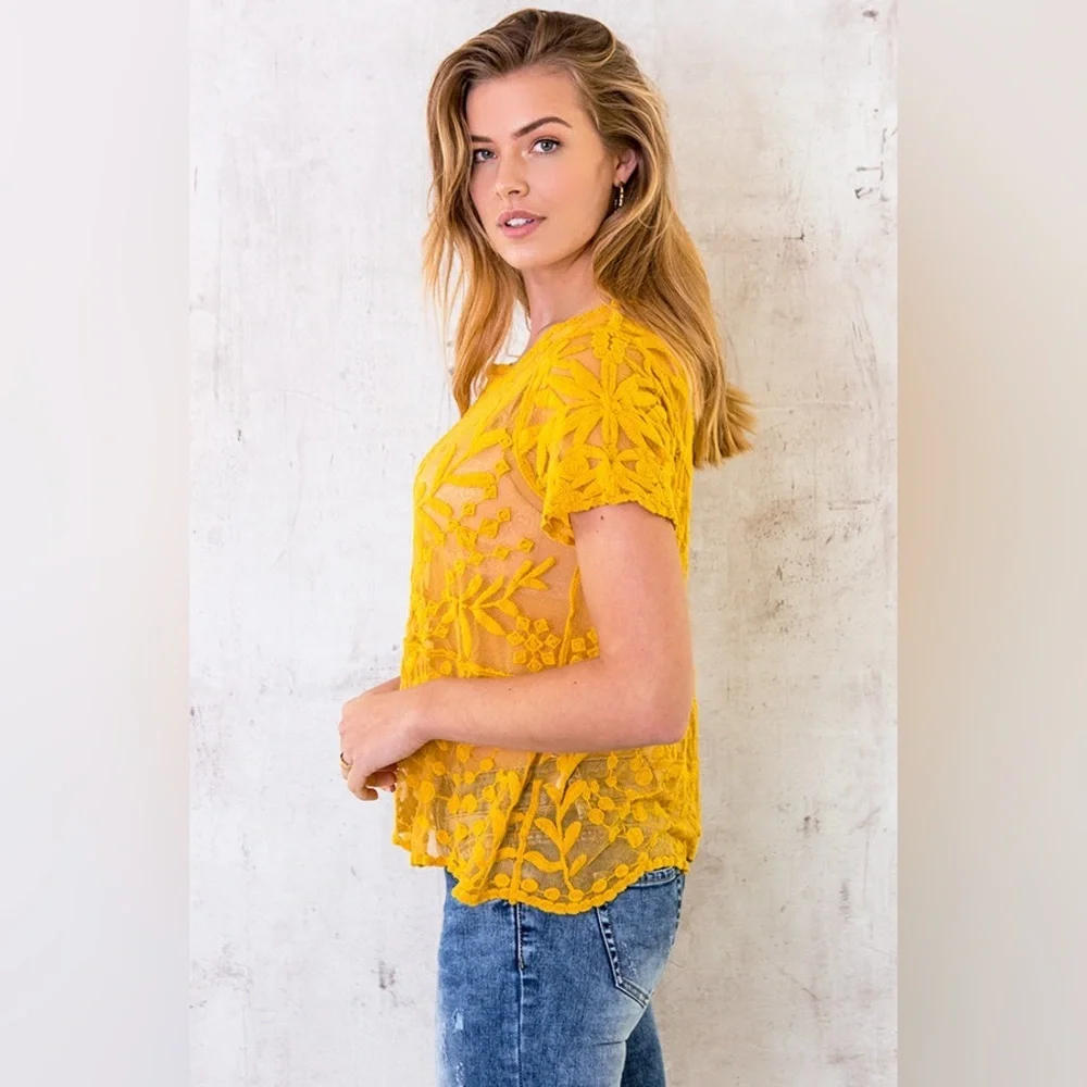 Zara Women’s Orange Mustard Embroidered Tulle Floral Blouse - Picture 2 of 11